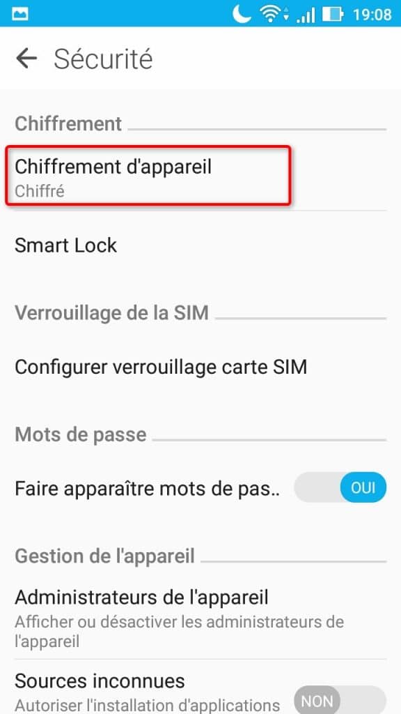 Activation du chiffrement de l'appareil dans les paramètres sous Android
