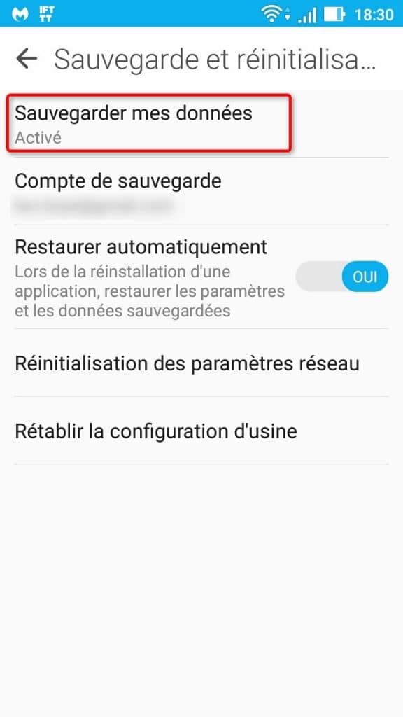 Fonction de sauvegarde dans les réglages Android