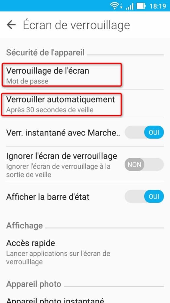 Options de verrouillage de l'écran dans les réglages Android