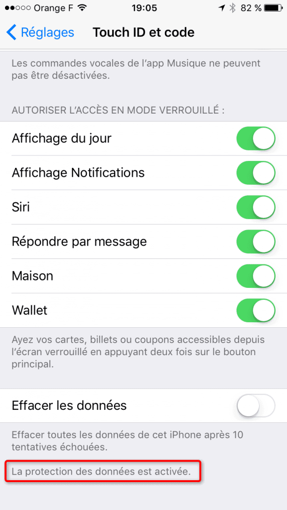 Activation du chiffrement de l'appareil dans les paramètres sous iOS