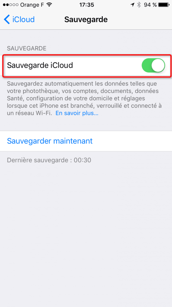Fonction de sauvegarde automatique sur iCloud dans les réglages iOS