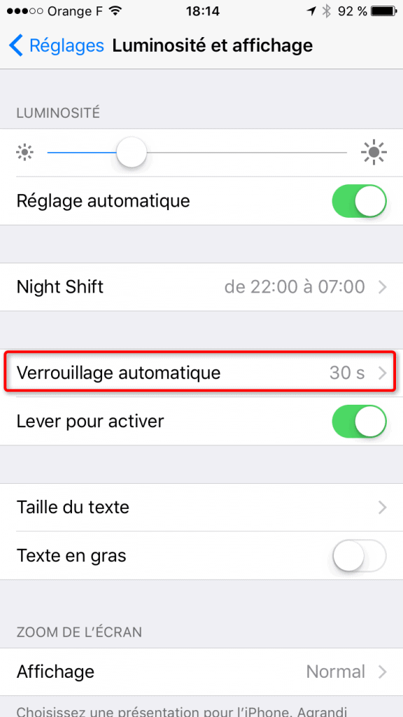 Option de durée du verrouillage automatique de l'écran dans les réglages iOS