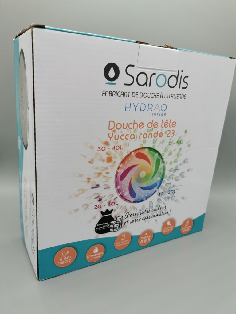 Le pommeau de douche économique et connecté Hydrao Yucca, fait en partenariat avec la marque Sarodis.