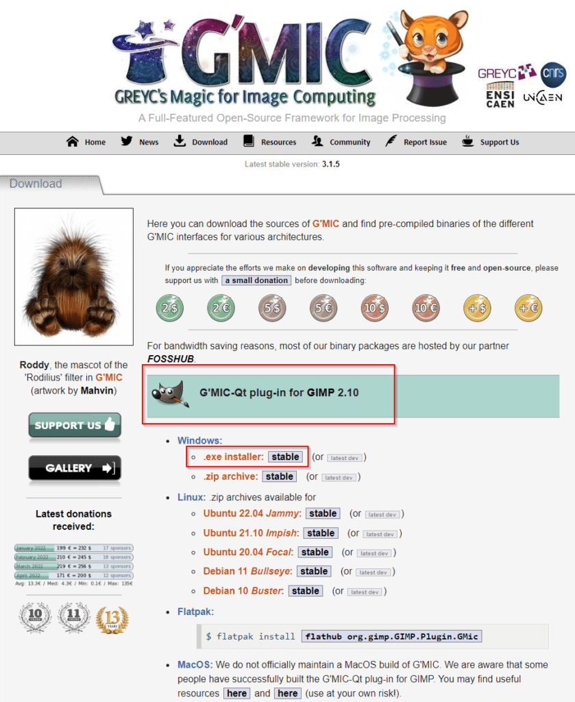 Page de téléchargement du plugin de traitement d'images G'Mic-Qt
