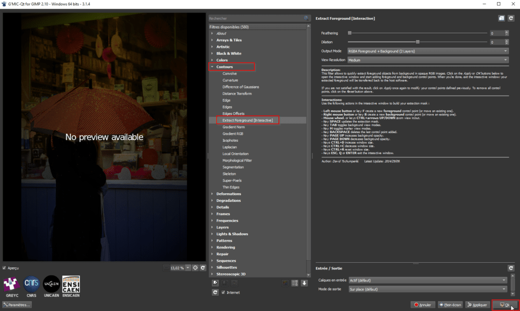 Lancement de la fonction d'extraction interactive du premier plan dans G'Mic-Qt.