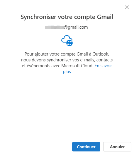 Popup précisant la synchronisation obligatoire avec le cloud de Microsoft, en utilisant le nouvel Outlook avec un compte de messagerie non-Microsoft (Gmail, etc.)