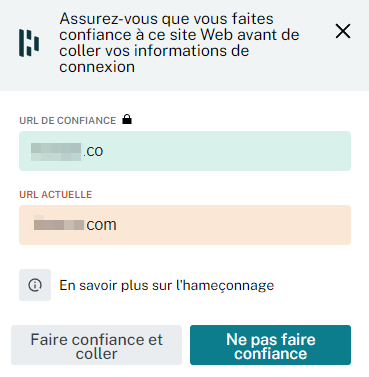 Message d'avertissement d'un gestionnaire de mots de passe en cas de saisie d'identifiants sur une adresse web qui ressemble à une adresse légitime.